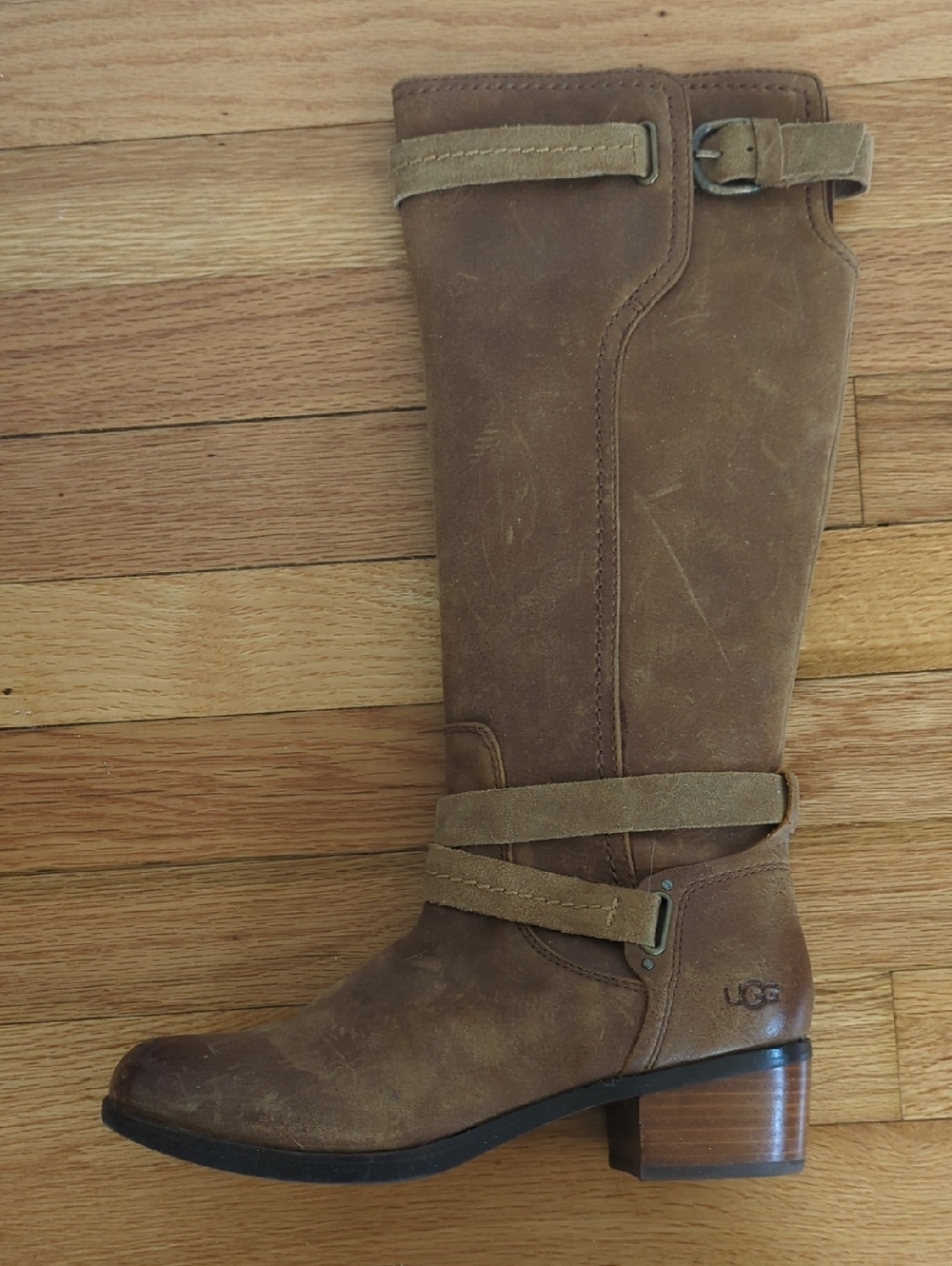 UGG Knee High Brown Leather Boots With Zipper And Buckle